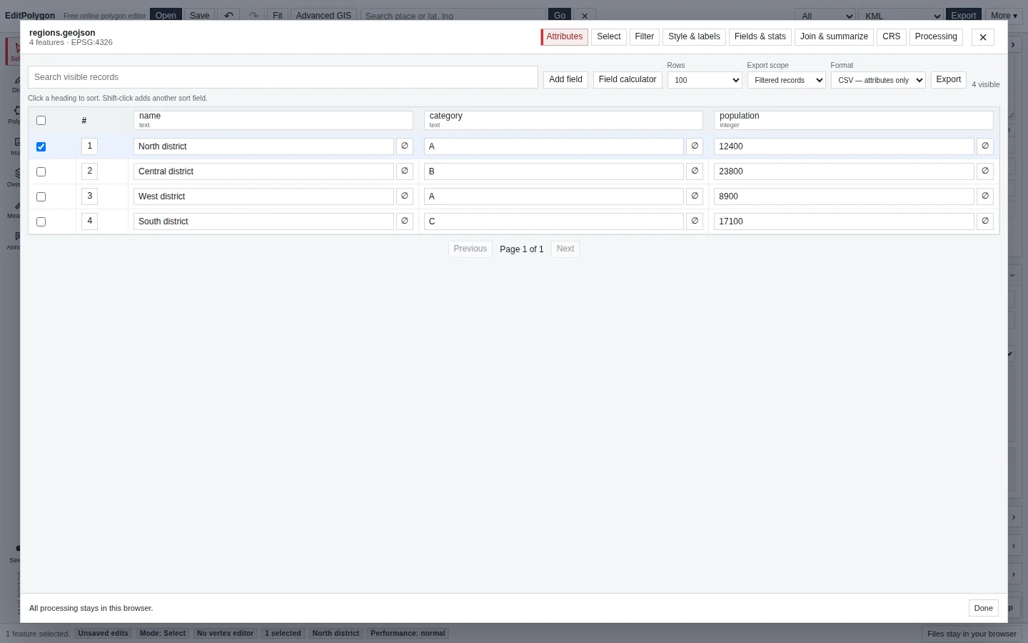EditPolygon joined output Attribute table with a copied location field and record export controls