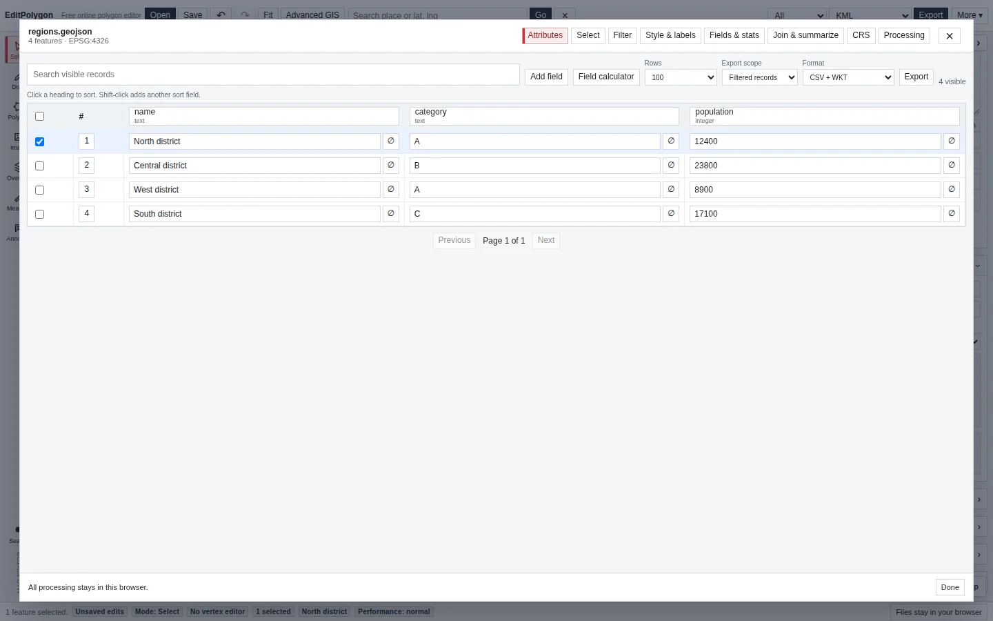 Current EditPolygon export controls and attribute-only CSV workflow