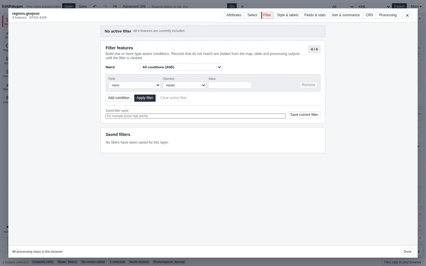 Current EditPolygon Filter or Fields and stats interface with compound conditions