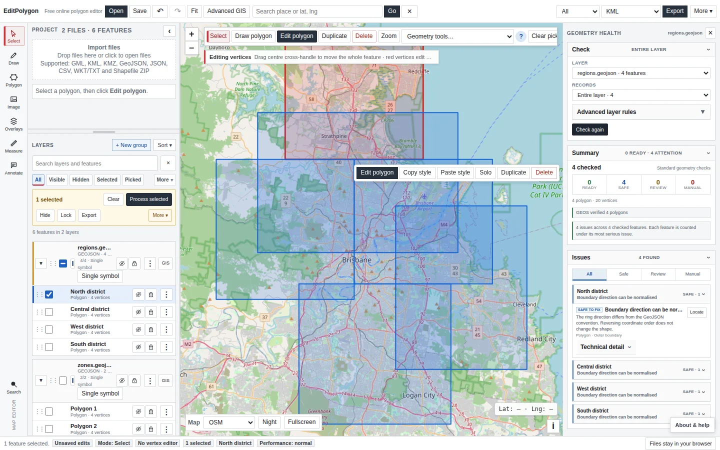 Current EditPolygon Geometry Health results showing ready, safe and review categories