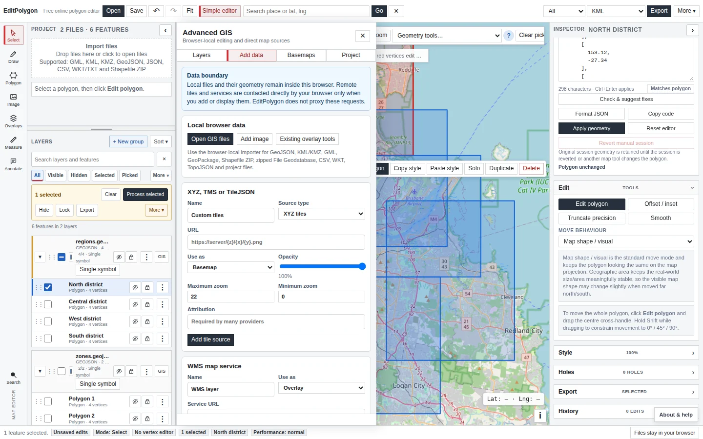 EditPolygon local GIS import controls showing supported browser-local data formats