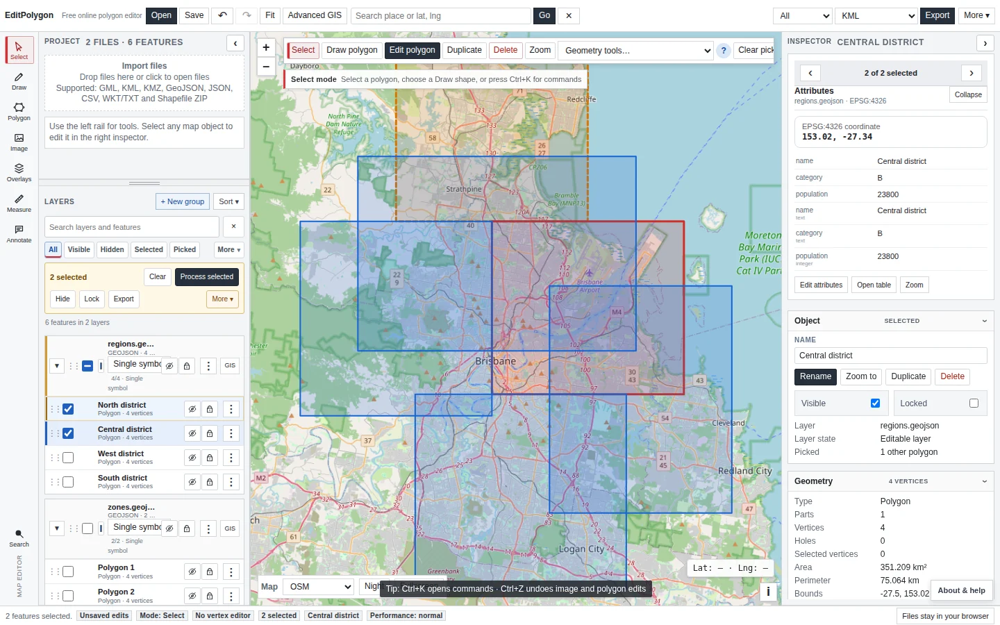 EditPolygon layers and map showing selected features and scope-related controls