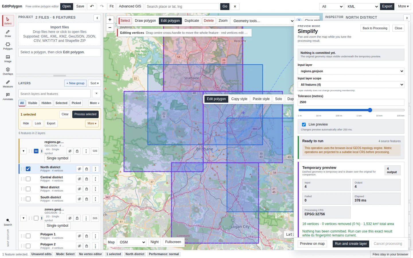 EditPolygon Processing Preview Mode over a polygon on the map