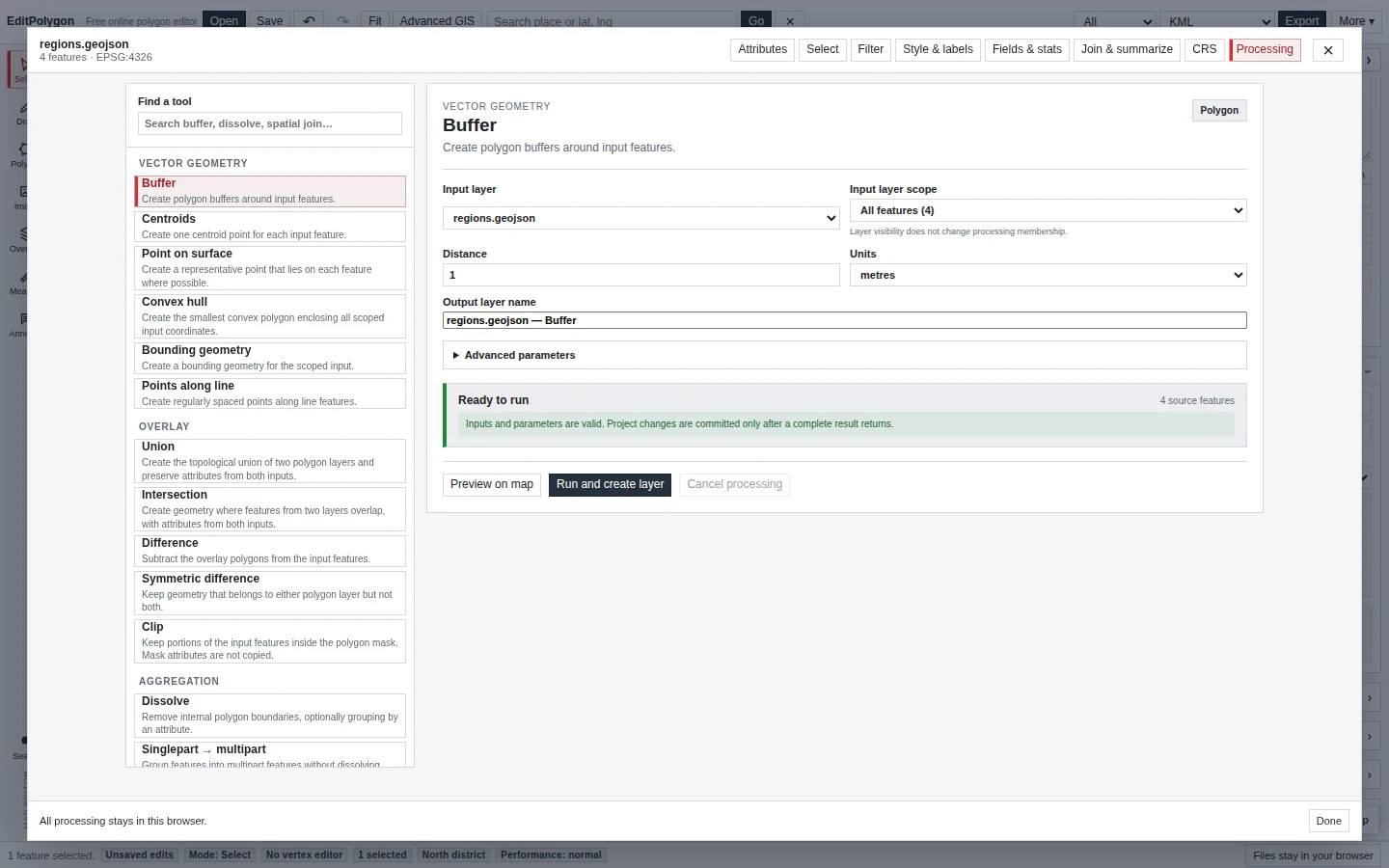 Current EditPolygon Processing Toolbox with tool catalogue, input layer, scope and output controls